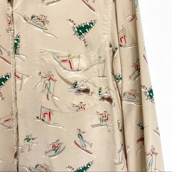 vintage | evan piccone skiing skating winter fun print silk blouse m - Picture 4 of 12